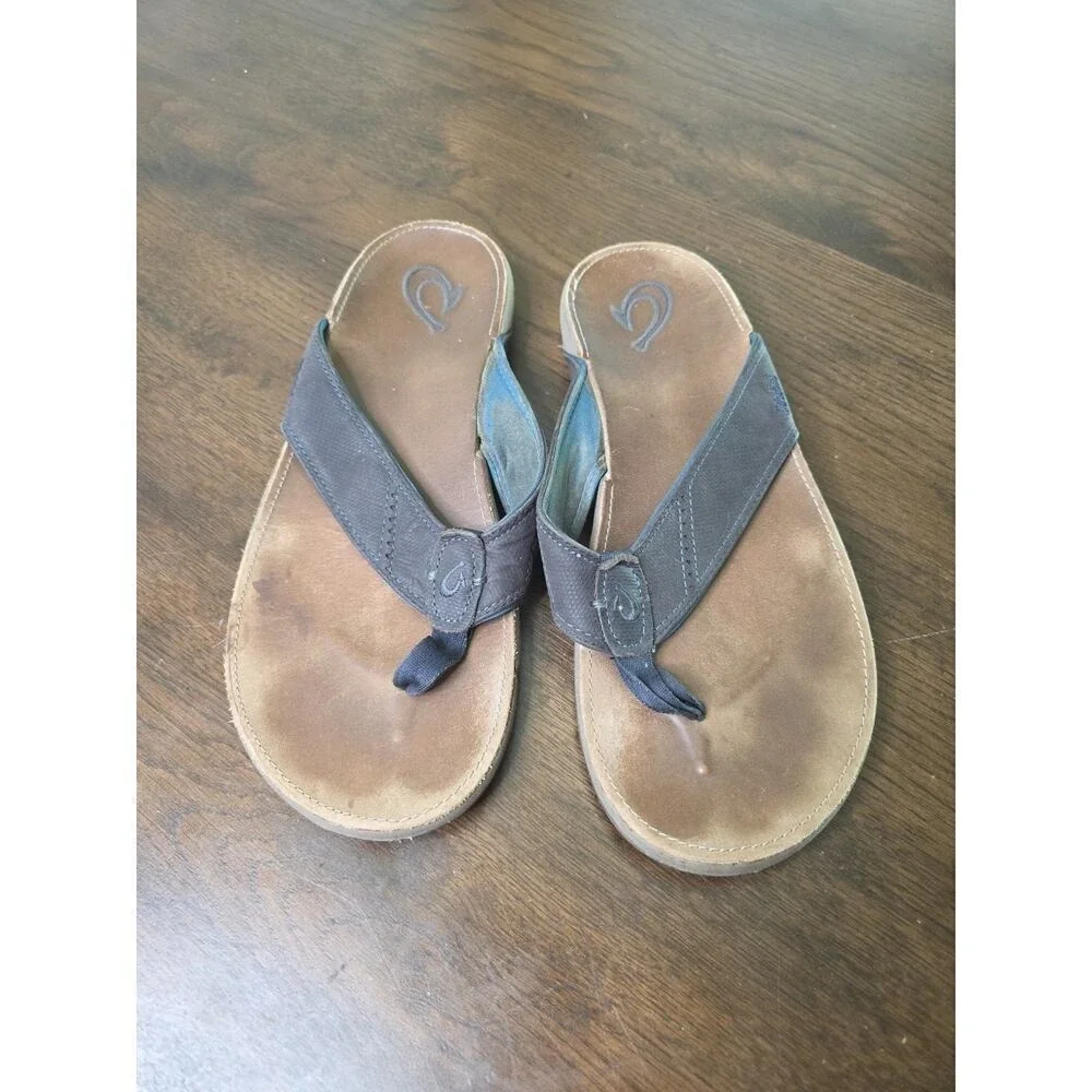 OluKai Men's Nui Brown Full Leather Flip Flop Sandals Size‎ 13 Beach Outdoors